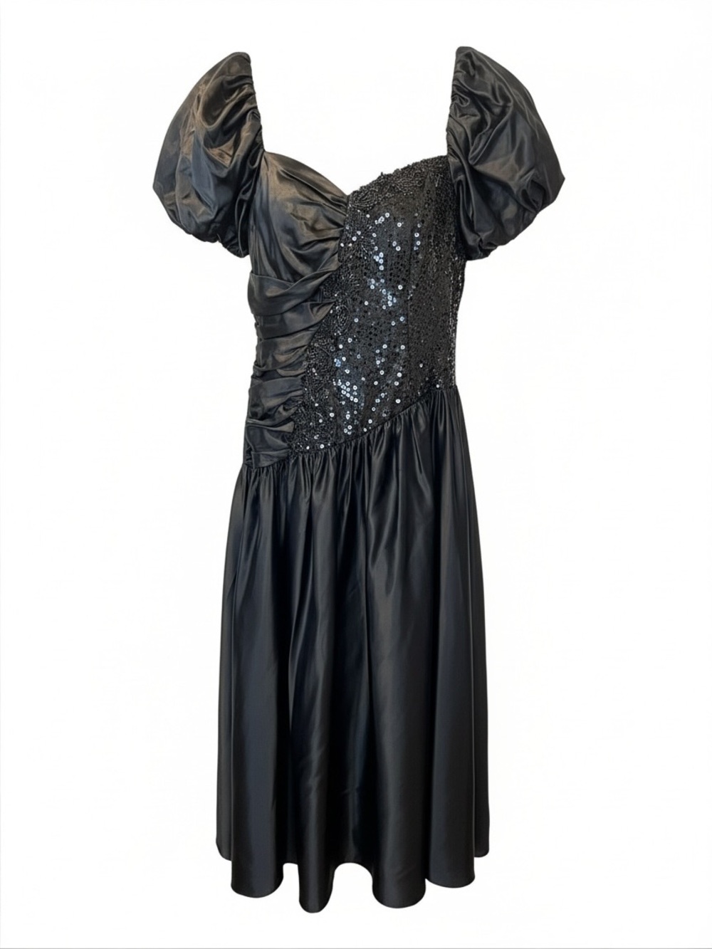 Vintage 80’s Nadine Elegant Black Puff-Sleeve Sequin Midi Dress